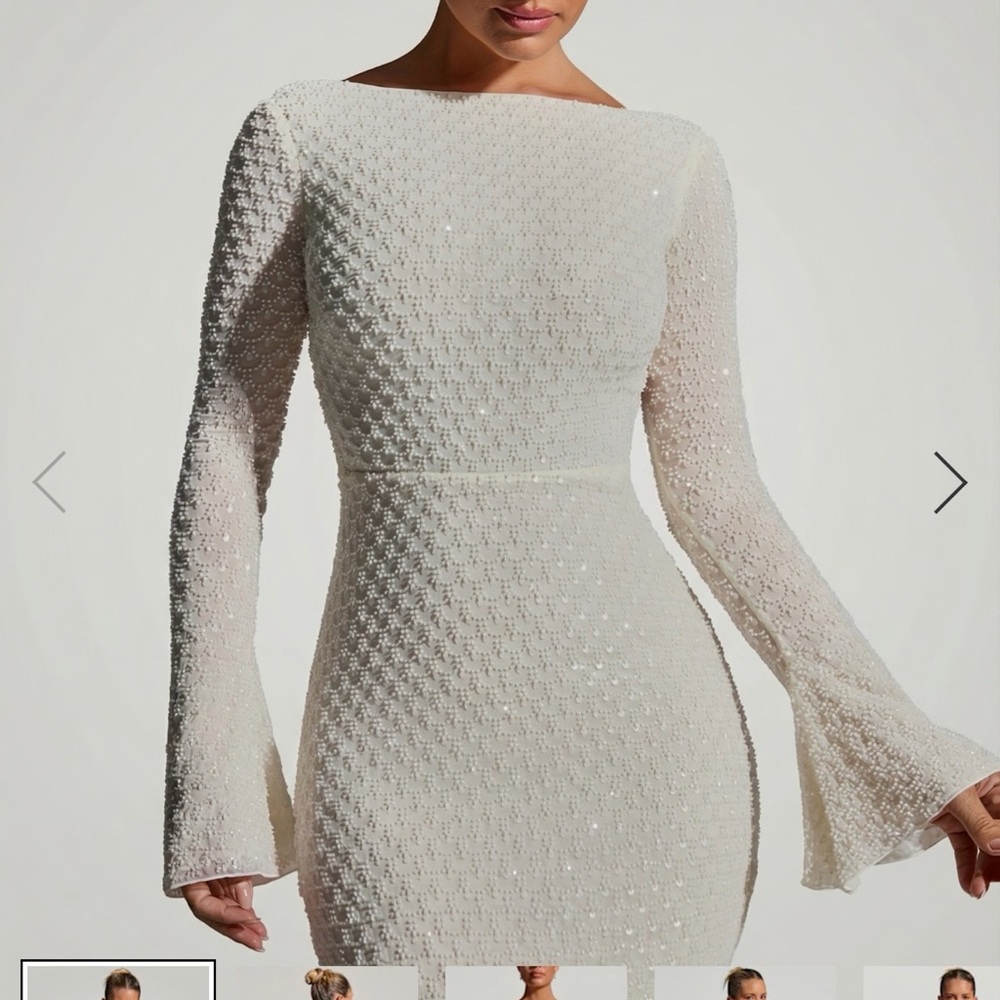 Oh Polly Grazina Cream Long Sleeve Sequin Bodycon Dress